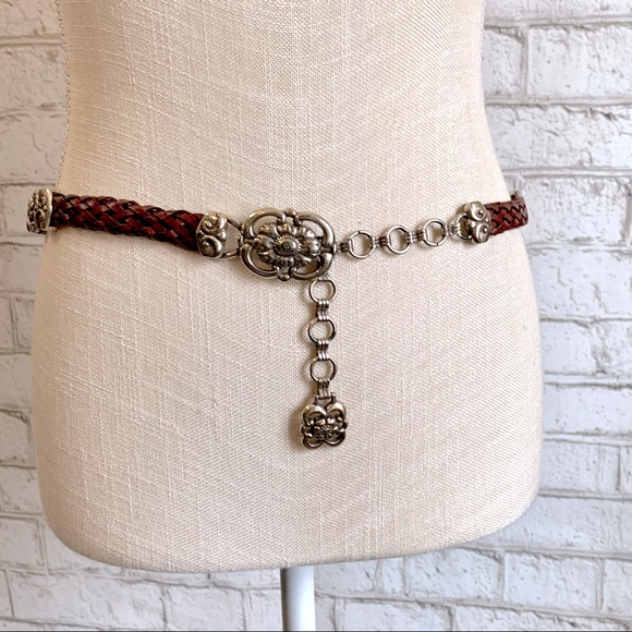 BRAIDED Brown Leather and Silver Chain Belt - Picture 1 of 10